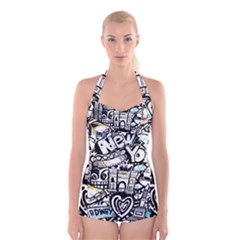 New York City Nyc Broadway Doodle Art Boyleg Halter Swimsuit  by Grandong