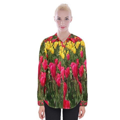 Yellow Pink Red Flowers Womens Long Sleeve Shirt by artworkshop
