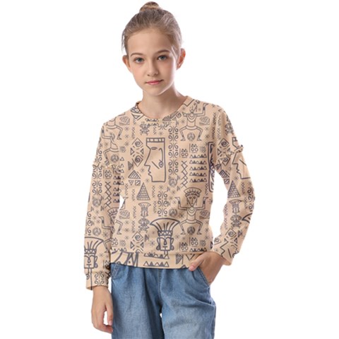 Aztec Tribal African Egyptian Style Seamless Pattern Vector Antique Ethnic Kids  Long Sleeve Tee With Frill  by Grandong
