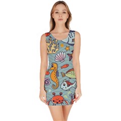 Cartoon Underwater Seamless Pattern With Crab Fish Seahorse Coral Marine Elements Bodycon Dress by Grandong