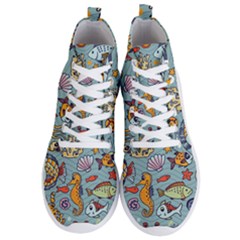 Cartoon Underwater Seamless Pattern With Crab Fish Seahorse Coral Marine Elements Men s Lightweight High Top Sneakers by Grandong