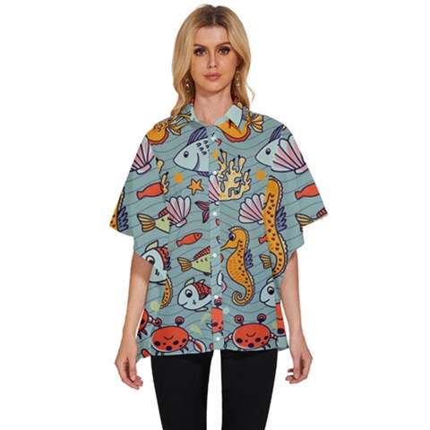Cartoon Underwater Seamless Pattern With Crab Fish Seahorse Coral Marine Elements Women s Batwing Button Up Shirt by Grandong
