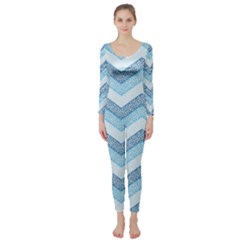 Seamless Pattern Of Cute Summer Blue Line Zigzag Long Sleeve Catsuit by Grandong