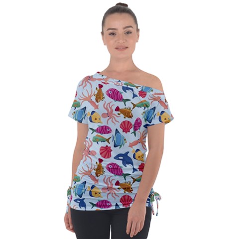 Sea Creature Themed Artwork Underwater Background Pictures Off Shoulder Tie-up Tee by Grandong