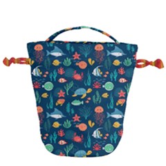 Variety Of Fish Illustration Turtle Jellyfish Art Texture Drawstring Bucket Bag by Grandong