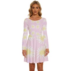Mazipoodles Bold Daisies Pink Long Sleeve Wide Neck Velvet Dress by Mazipoodles