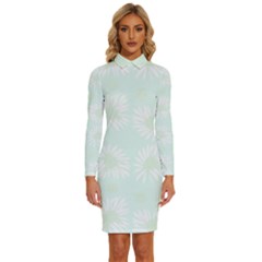 Mazipoodles Bold Daisies Spearmint Long Sleeve Shirt Collar Bodycon Dress by Mazipoodles