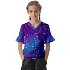 Realistic Night Sky With Constellations Kids  V-neck Horn Sleeve Blouse by Cowasu