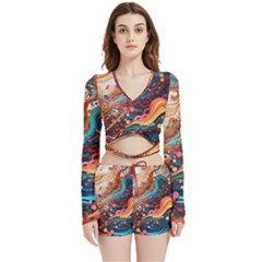 Pattern Abstract Velvet Wrap Crop Top And Shorts Set by Grandong