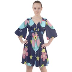 Owl-stars-pattern-background Boho Button Up Dress by pakminggu