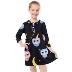 Cute-owl-doodles-with-moon-star-seamless-pattern Kids  Quarter Sleeve Shirt Dress by pakminggu