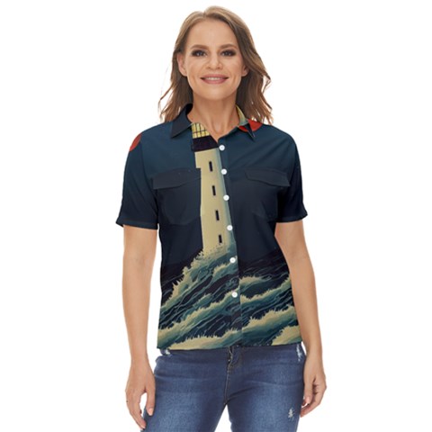 Lighthouse Lunar Eclipse Blood Moon Women s Short Sleeve Double Pocket Shirt by uniart180623