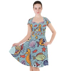 Cartoon Underwater Seamless Pattern With Crab Fish Seahorse Coral Marine Elements Cap Sleeve Midi Dress by uniart180623