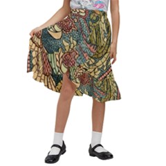 Wings-feathers-cubism-mosaic Kids  Ruffle Flared Wrap Midi Skirt by Bedest