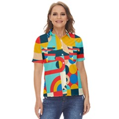 Geometric Shape Colorful Abstract Wave Women s Short Sleeve Double Pocket Shirt