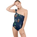 Monster Alien Pattern Seamless Background Frilly One Shoulder Swimsuit