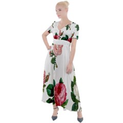Roses-white Button Up Short Sleeve Maxi Dress by nateshop