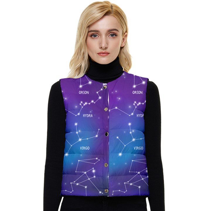 Realistic Night Sky With Constellations Women s Button Up Puffer Vest