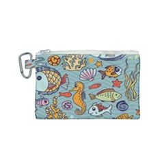 Cartoon Underwater Seamless Pattern With Crab Fish Seahorse Coral Marine Elements Canvas Cosmetic Bag (small) by Bedest