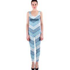 Seamless Pattern Of Cute Summer Blue Line Zigzag One Piece Catsuit by Bedest