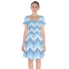 Seamless Pattern Of Cute Summer Blue Line Zigzag Short Sleeve Bardot Dress by Bedest