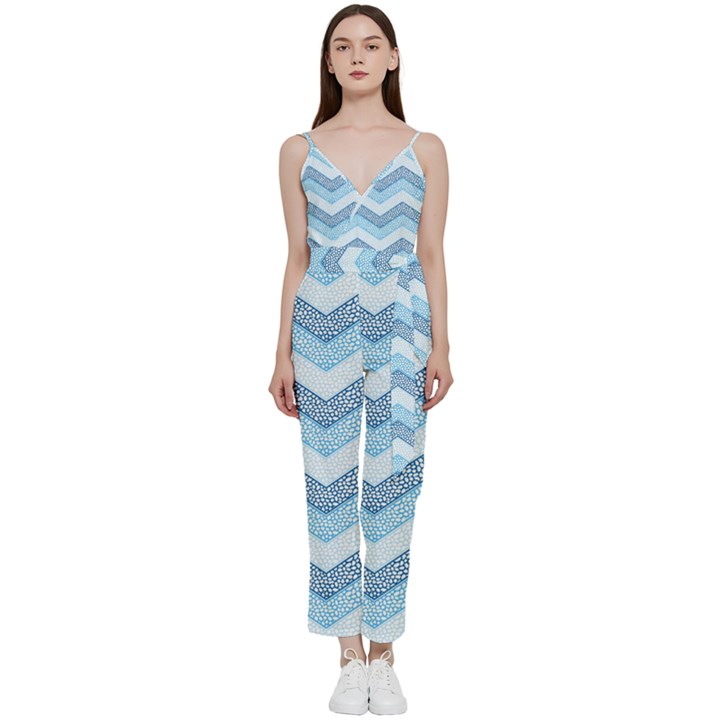 Seamless Pattern Of Cute Summer Blue Line Zigzag V-Neck Camisole Jumpsuit