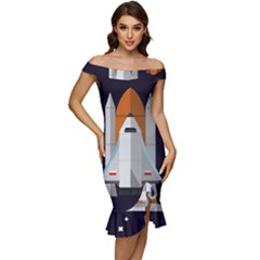 Rocket-space-universe-spaceship Off Shoulder Ruffle Split Hem Bodycon Dress by Cowasu
