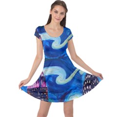 Starry Night In New York Van Gogh Manhattan Chrysler Building And Empire State Building Cap Sleeve Dress by Sarkoni