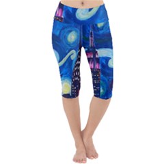 Starry Night In New York Van Gogh Manhattan Chrysler Building And Empire State Building Lightweight Velour Cropped Yoga Leggings by Sarkoni