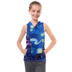Starry Night In New York Van Gogh Manhattan Chrysler Building And Empire State Building Kids  Sleeveless Hoodie by Sarkoni