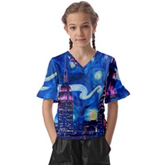 Starry Night In New York Van Gogh Manhattan Chrysler Building And Empire State Building Kids  V-neck Horn Sleeve Blouse by Sarkoni