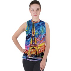 Eiffel Tower Starry Night Print Van Gogh Mock Neck Chiffon Sleeveless Top by Sarkoni