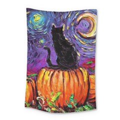 Halloween Art Starry Night Hallows Eve Black Cat Pumpkin Small Tapestry by Sarkoni