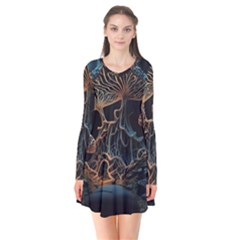 Forest Mushroom Wood Long Sleeve V-neck Flare Dress