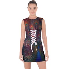 Peacock Feather Bird Lace Up Front Bodycon Dress by Bedest