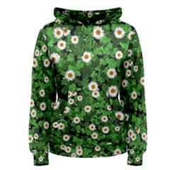 Daisies Clovers Lawn Digital Drawing Background Women s Pullover Hoodie