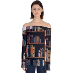 Assorted Title Of Books Piled In The Shelves Assorted Book Lot Inside The Wooden Shelf Off Shoulder Long Sleeve Top by Ravend