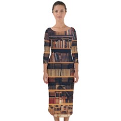 Books On Bookshelf Assorted Color Book Lot In Bookcase Library Quarter Sleeve Midi Bodycon Dress by Ravend