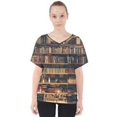 Books On Bookshelf Assorted Color Book Lot In Bookcase Library V-neck Dolman Drape Top by Ravend