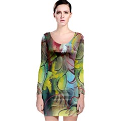 Detail Of A Bright Abstract Painted Art Background Texture Colors Long Sleeve Bodycon Dress by Ndabl3x