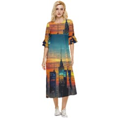 New York City Skyline Usa Double Cuff Midi Dress by Ndabl3x