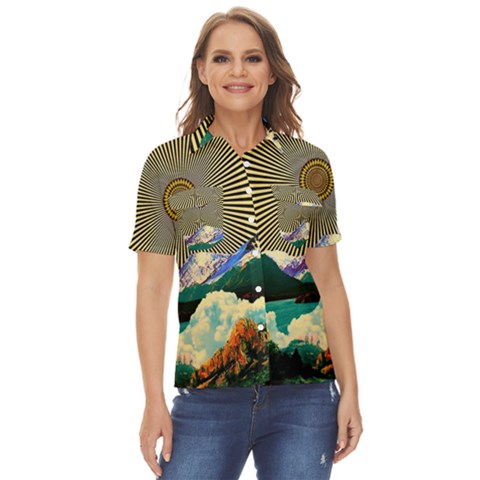 Surreal Art Psychadelic Mountain Women s Short Sleeve Double Pocket Shirt by Ndabl3x