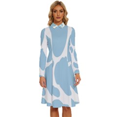 Cow Print, Aesthetic, Y, Blue, Baby Blue, Pattern, Simple Long Sleeve Shirt Collar A-line Dress by nateshop