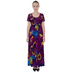 Psychedelic Digital Art Colorful Flower Abstract Multi Colored High Waist Short Sleeve Maxi Dress by Bedest