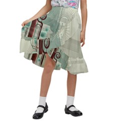 Green Red And White Line Digital Abstract Art Kids  Ruffle Flared Wrap Midi Skirt