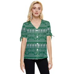 Christmas Knit Digital Bow Sleeve Button Up Top
