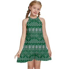 Christmas Knit Digital Kids  Halter Collar Waist Tie Chiffon Dress