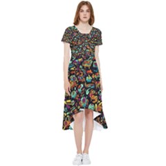 Multicolored Doodle Abstract Colorful Multi Colored High Low Boho Dress by Grandong