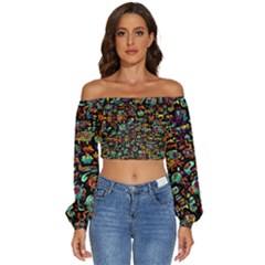 Multicolored Doodle Abstract Colorful Multi Colored Long Sleeve Crinkled Weave Crop Top by Grandong