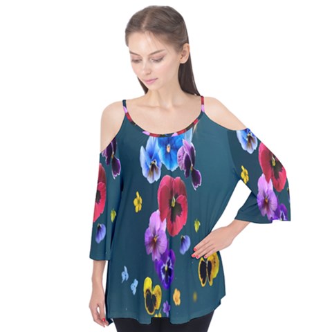 Falling Flowers, Art, Coffee Cup, Colorful, Creative, Cup Flutter Sleeve T-shirt  by nateshop